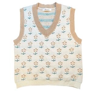 Womens AliceDudu Cream Beige Floral V Neck Knit Sweater Vest Size‎ L - NWOT